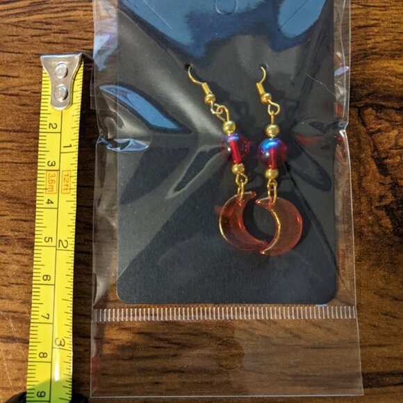 Pearlescent Red Glass Crescent Moon Earrings - Picture 5 of 6